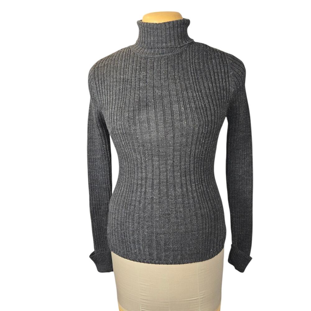 Rave Gray Ribbed‎ Knit Turtleneck Sweater Womens Large Strech Slim Fit Y2k 90s